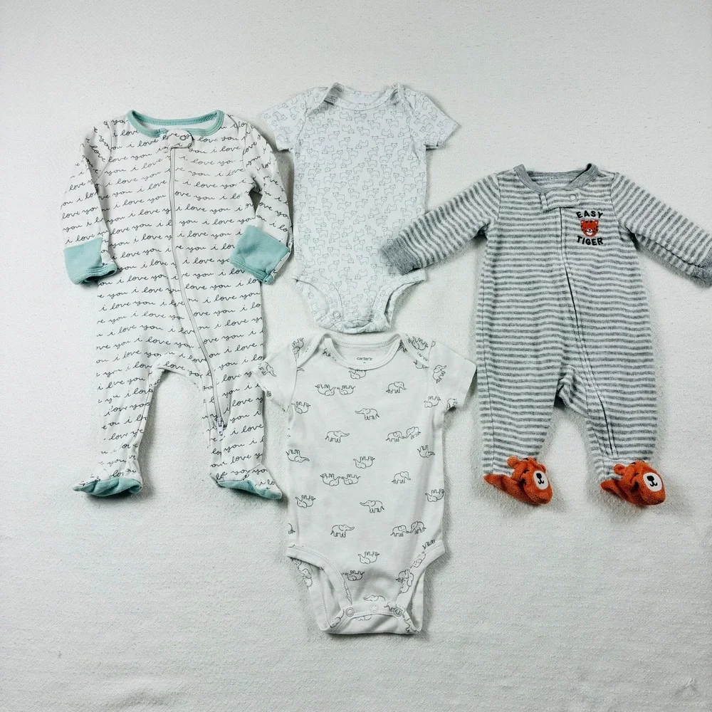 Carter's Baby Boy 4pc Lot Bodysuits Sleepers Cotton Terry Animal Gray Teal 3M